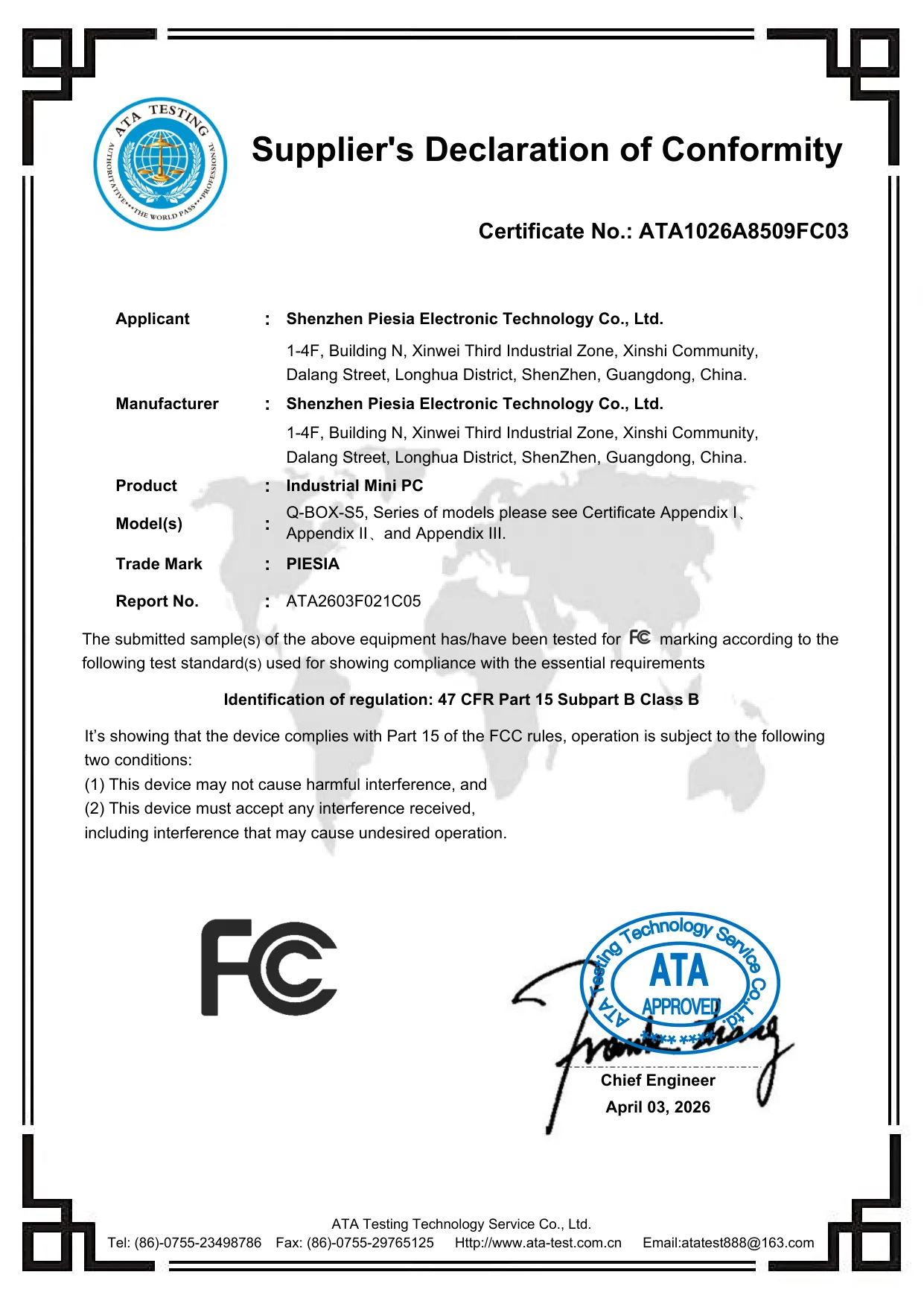 FCC Supplier's Declaration of Conformity for the current GEOLiNK platform