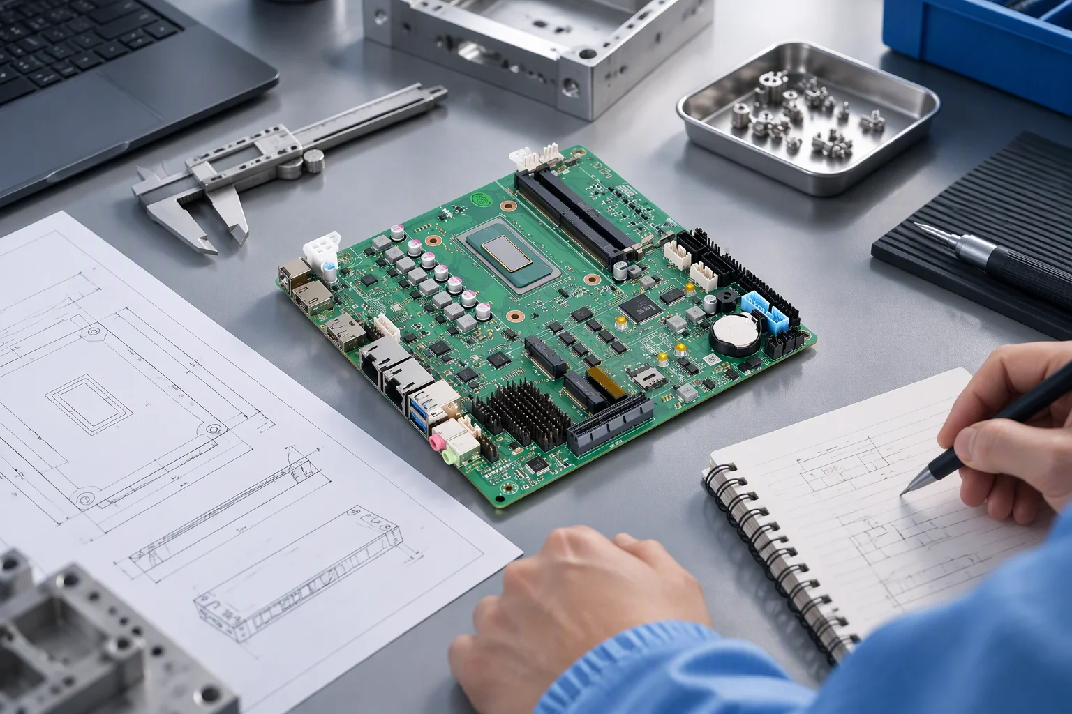 Engineer reviewing a custom motherboard drawing at a workbench