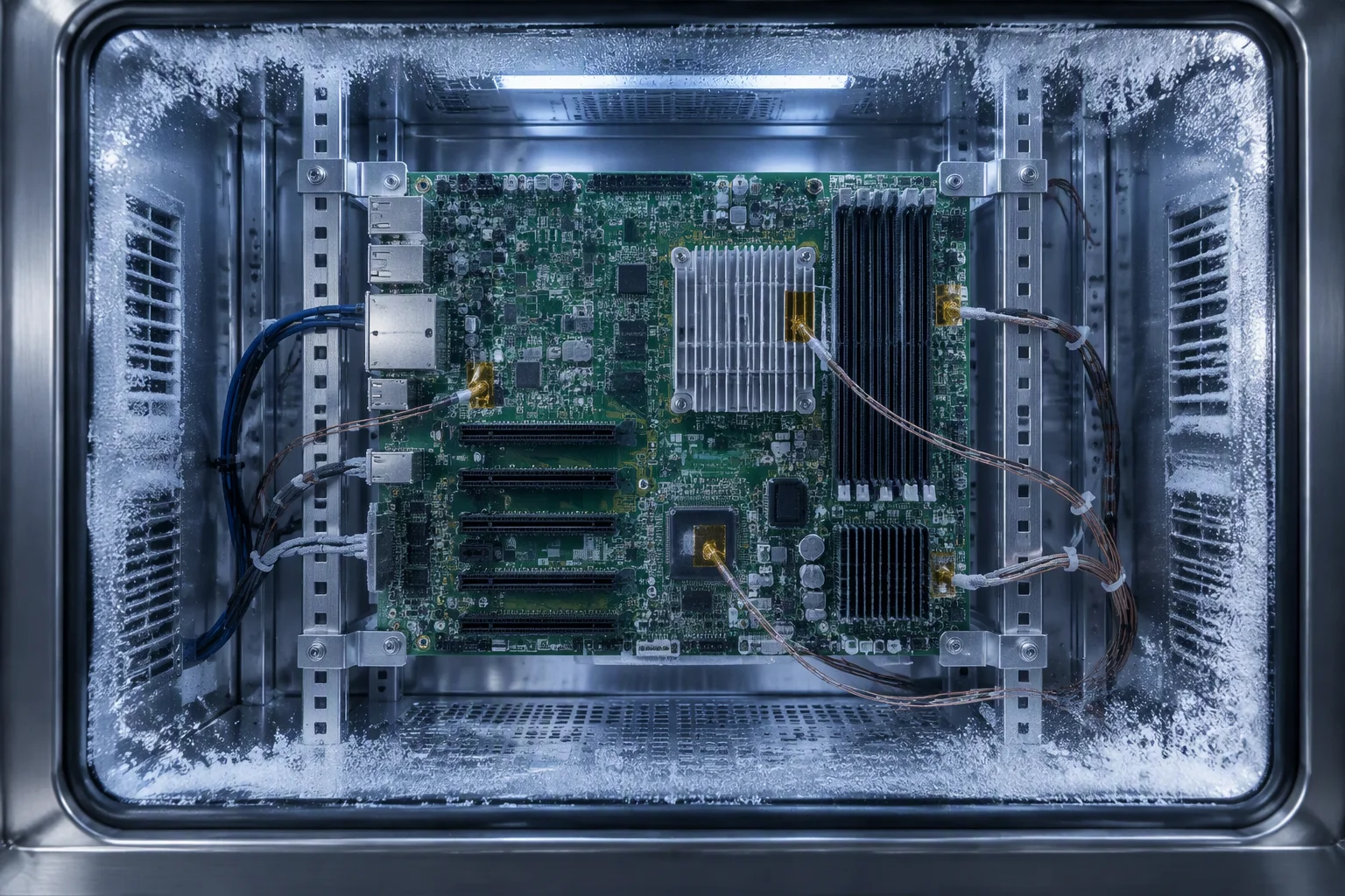 Four industrial motherboards of different form factors on a workbench