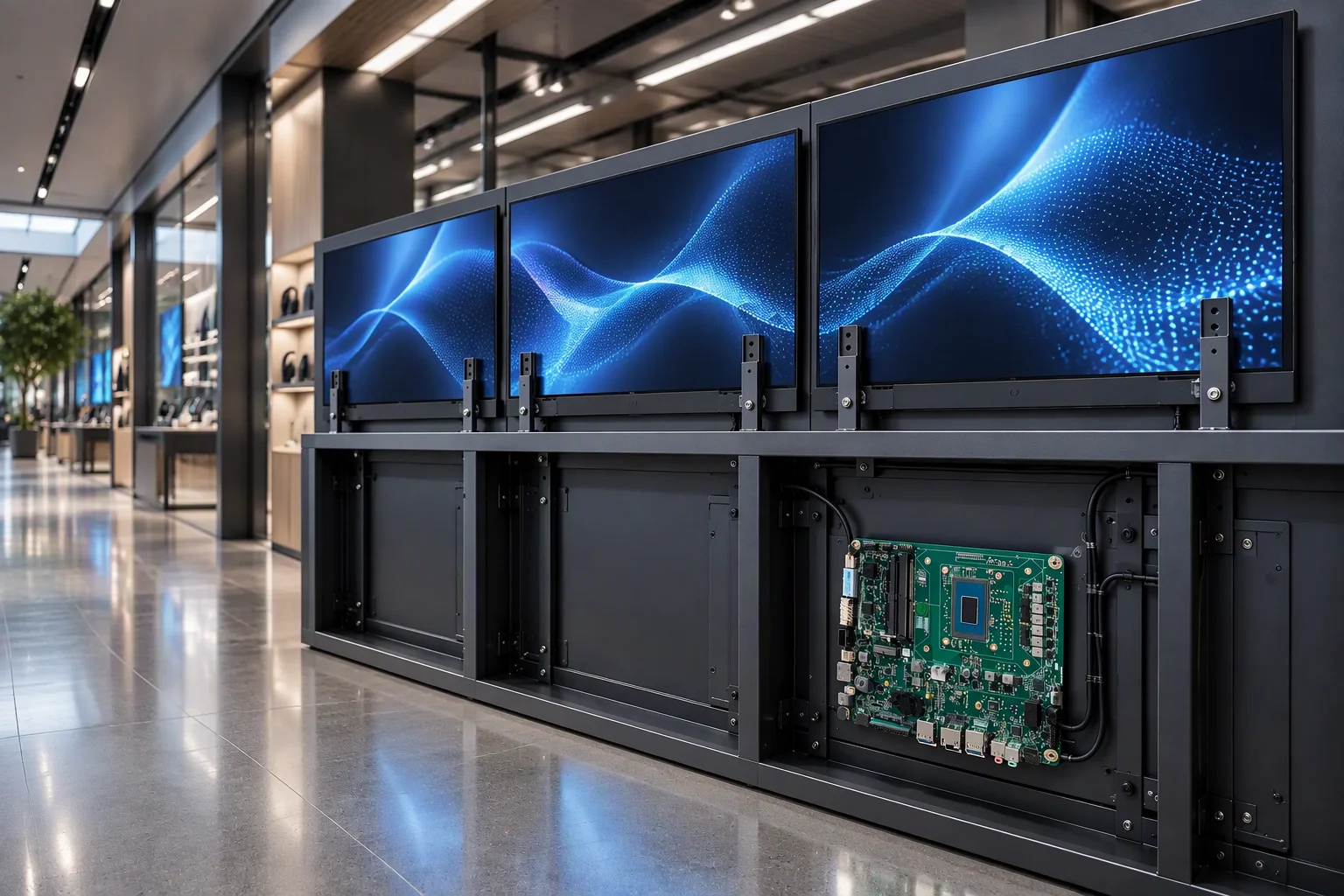 Digital signage players mounted in a retail corridor, with an industrial board visible behind one screen