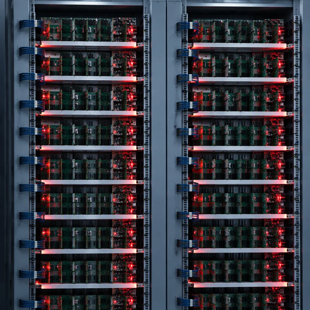 Burn-in racks with boards under load and LEDs lit