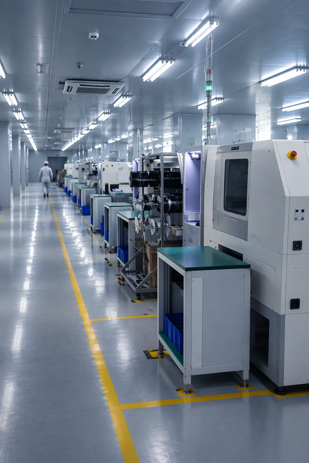 Production hall inside the GEOLiNK Shenzhen plant, with SMT lines and operator stations