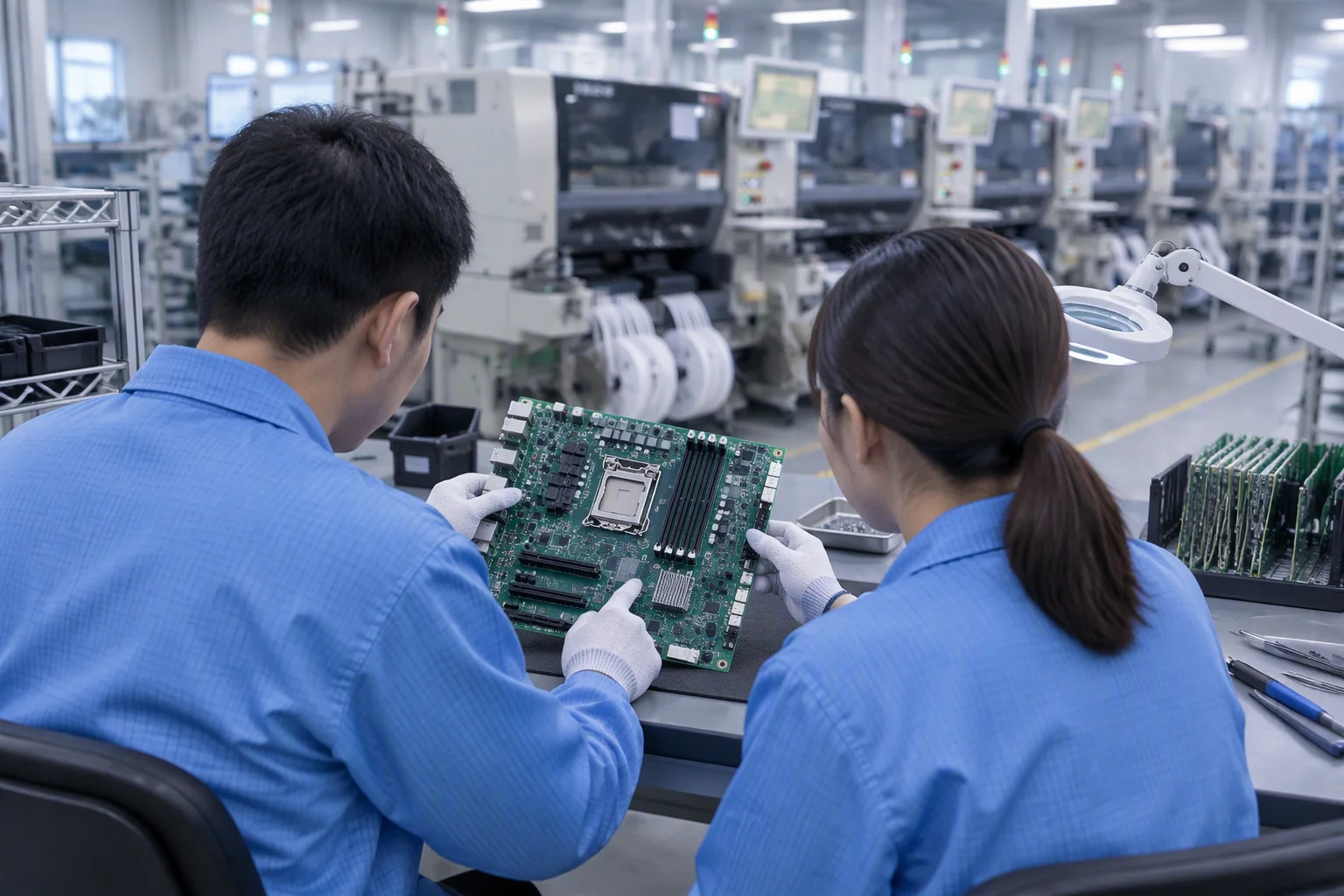 Engineers reviewing a motherboard at the GEOLiNK factory in Shenzhen
