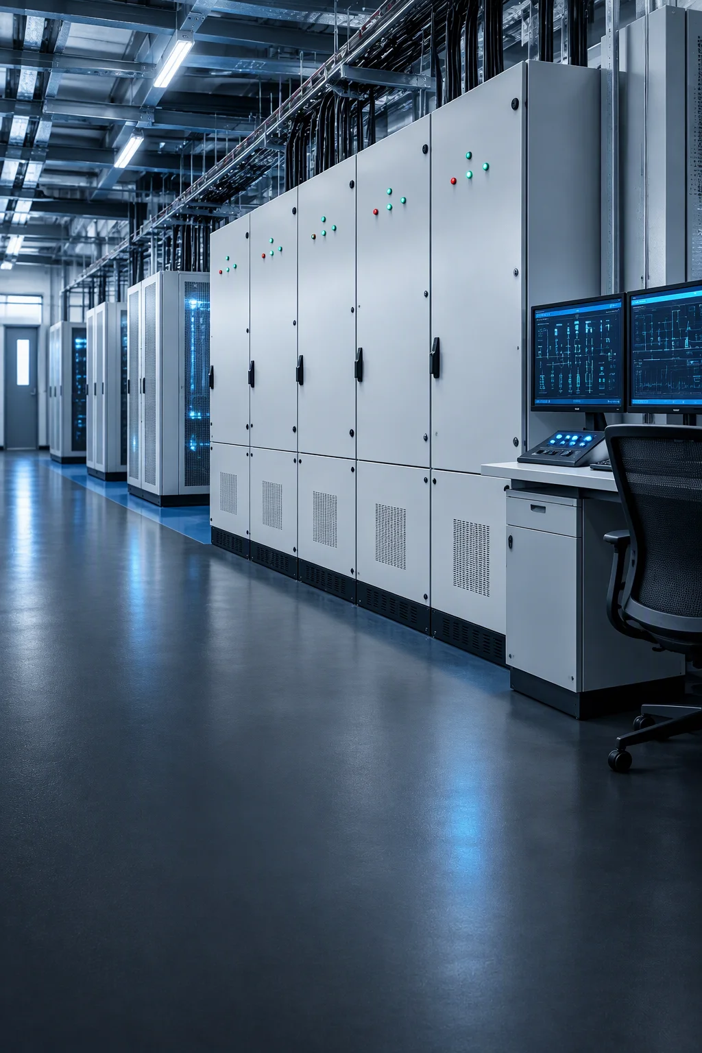 Utility corridor lined with power and communication cabinets