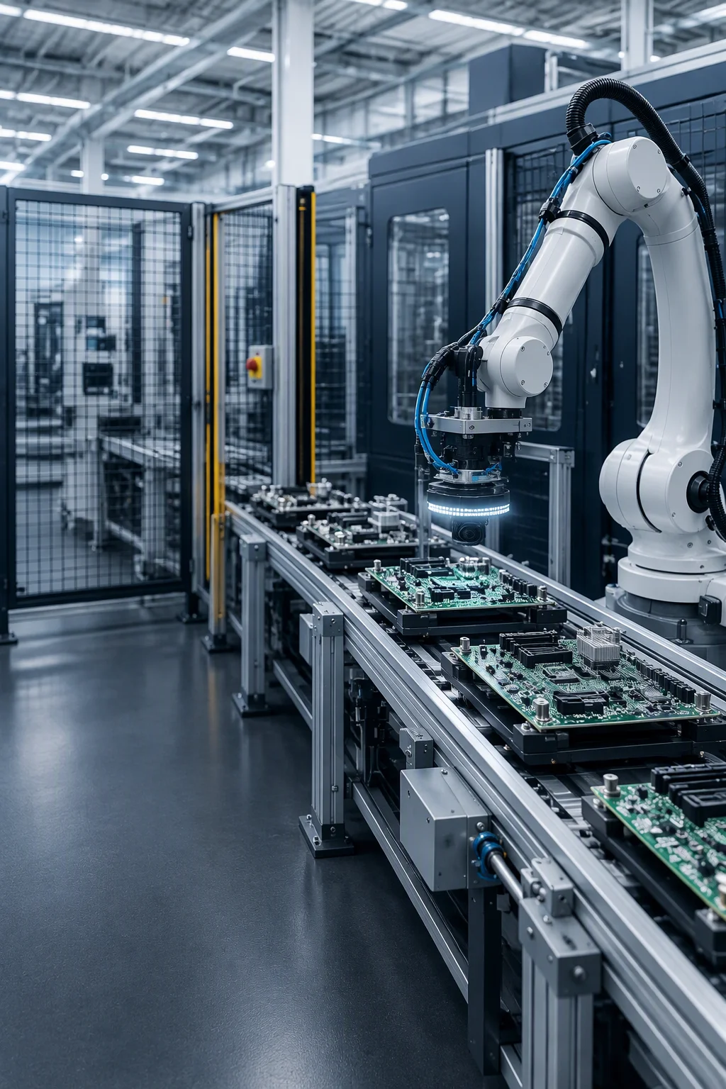 Machine vision station above a conveyor in a factory hall