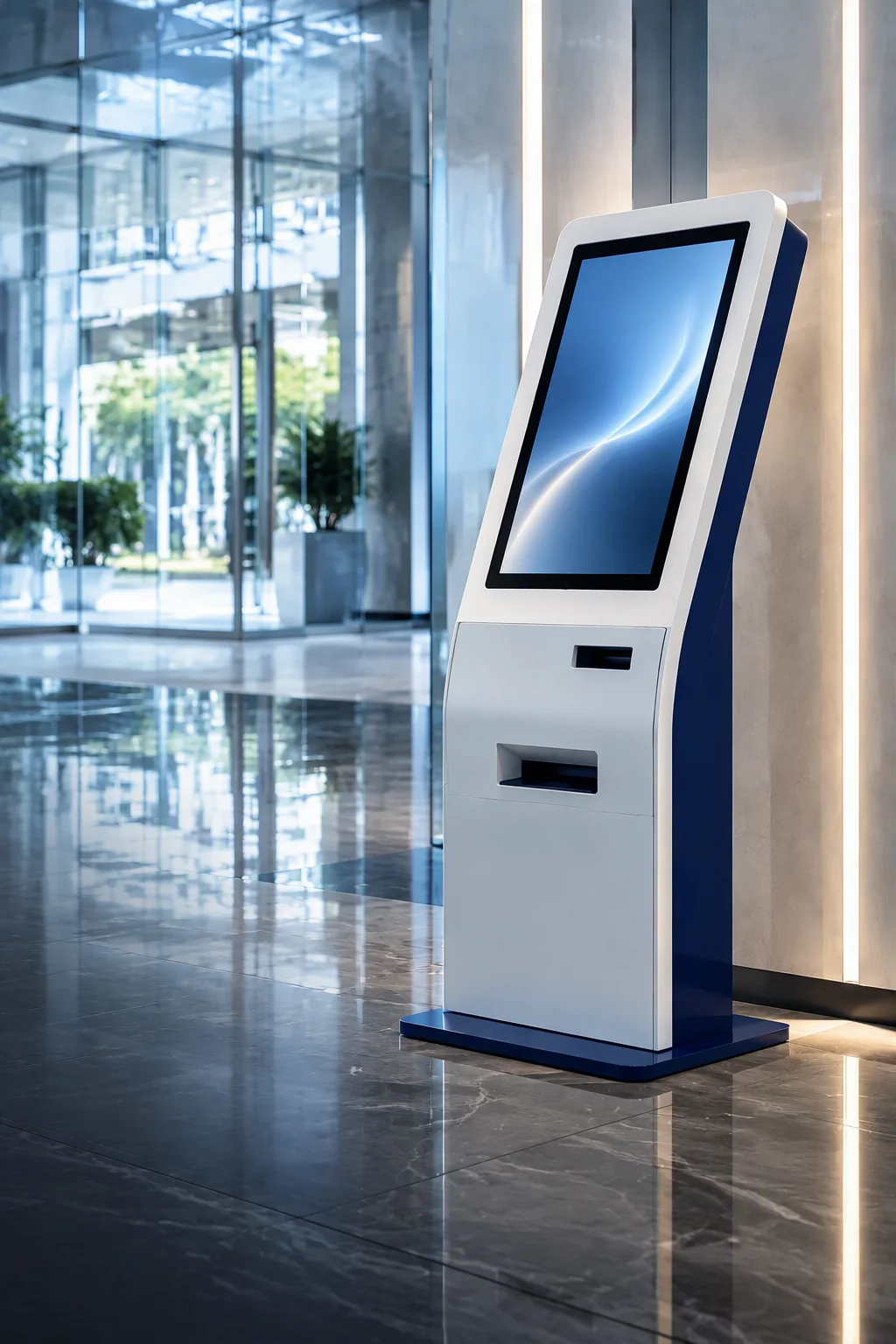 Self-service kiosk terminal in a retail lobby