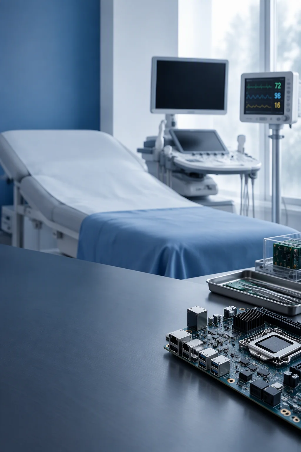 Quiet medical examination room with patient monitoring equipment