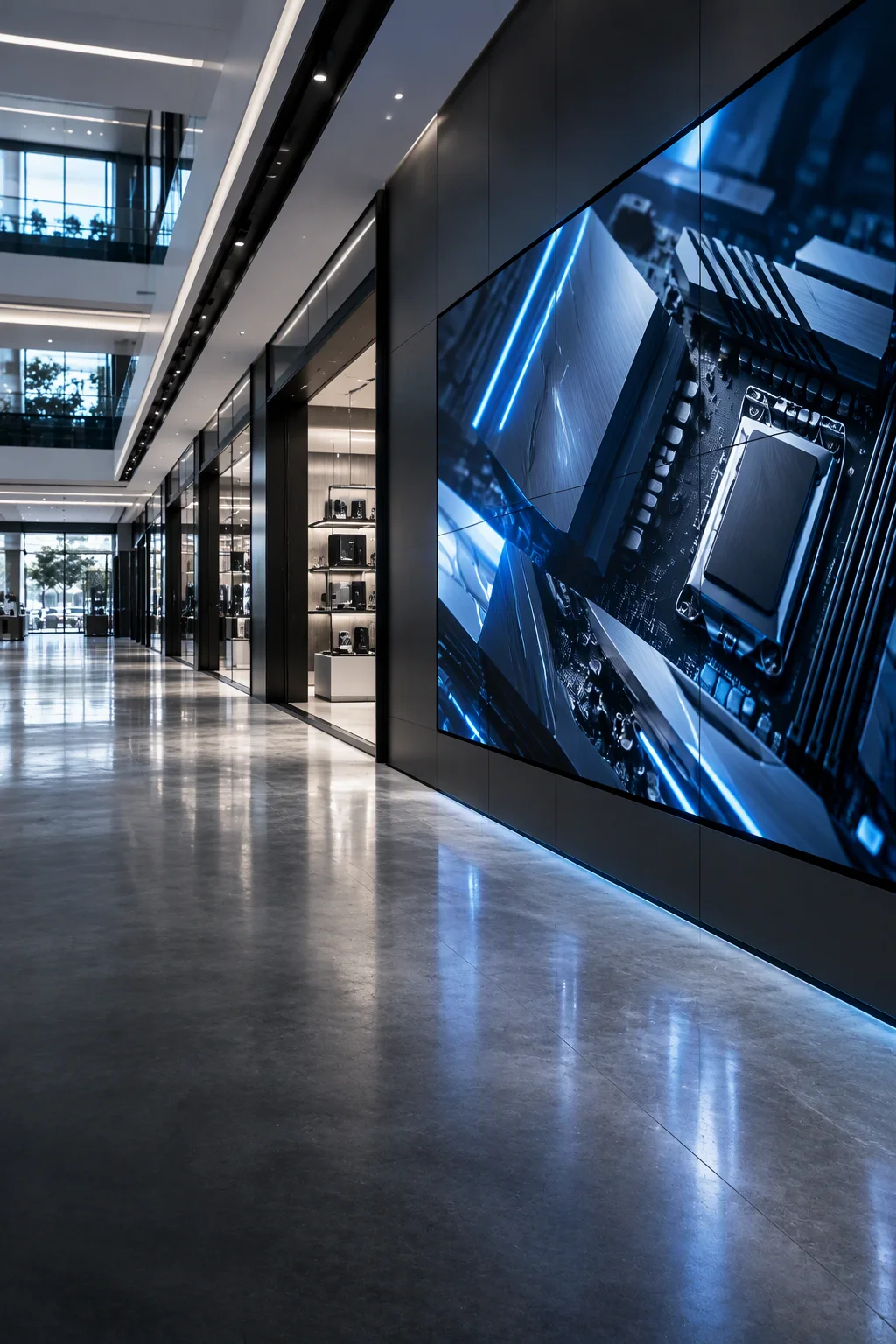 Digital signage display wall in a commercial atrium