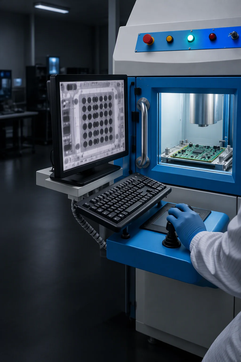 X-ray inspection station on a factory floor, with the control monitor showing a board image