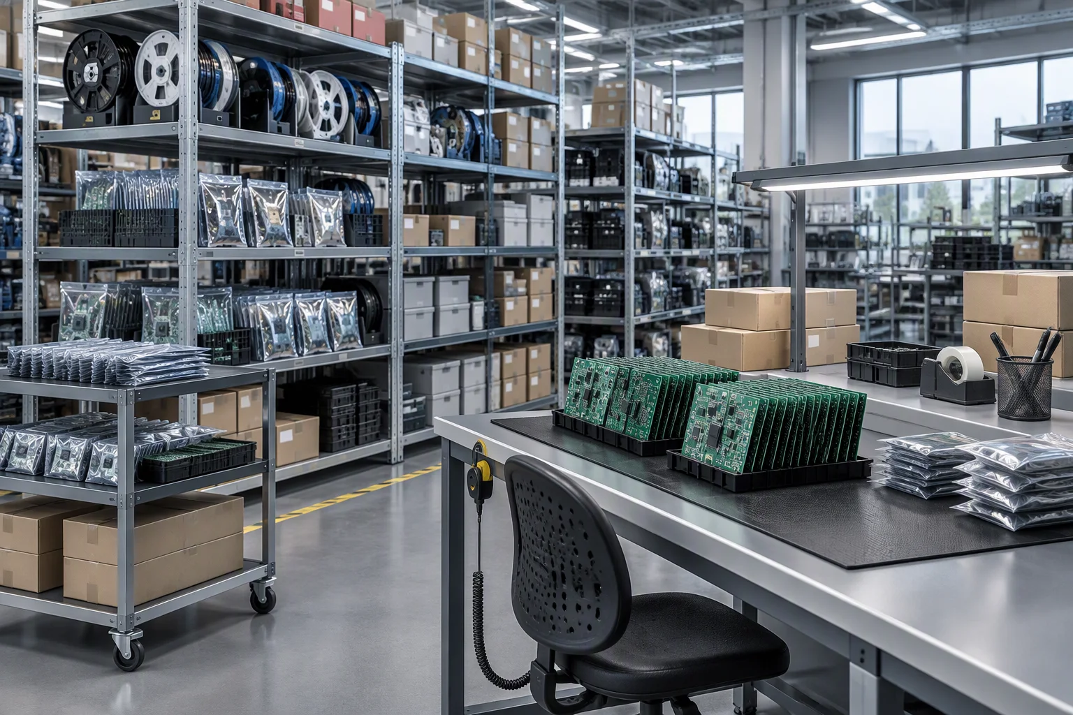 ESD-safe warehouse with reels and packed boards at the GEOLiNK factory
