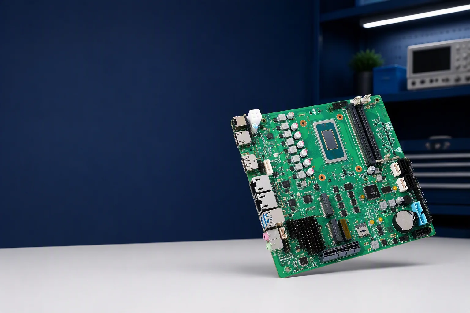 TOP800B Mini-ITX industrial motherboard on a dark studio bench