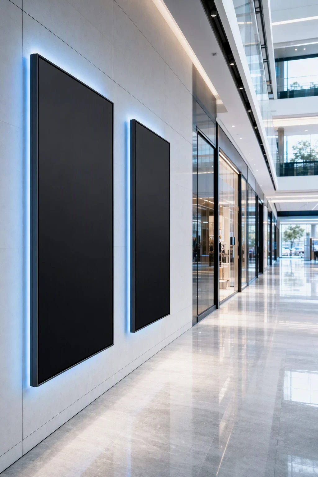 Large displays running signage in a bright public hallway