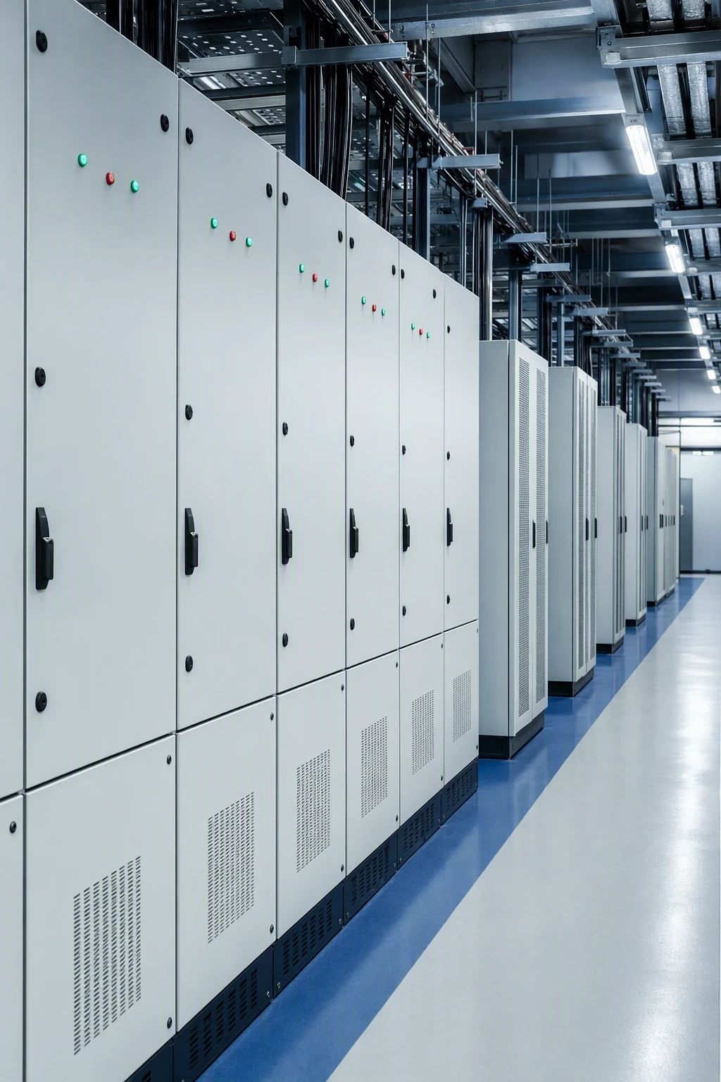 Utility communication corridor lined with control cabinets