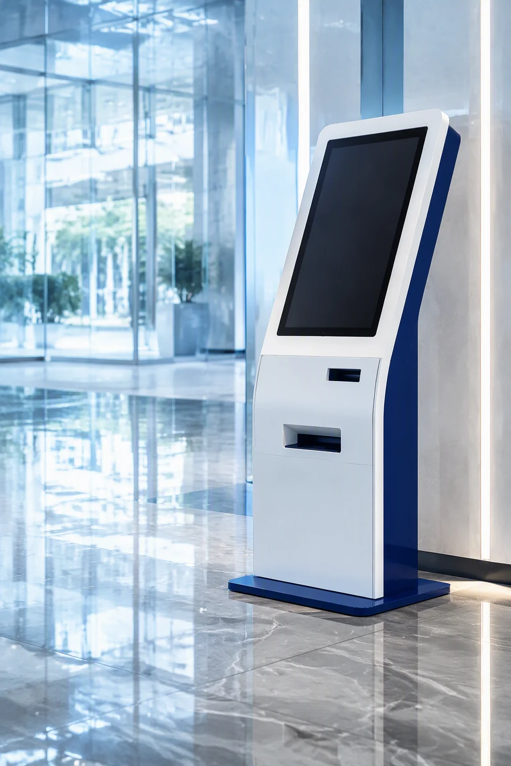 Self-service payment kiosk in a bright retail lobby