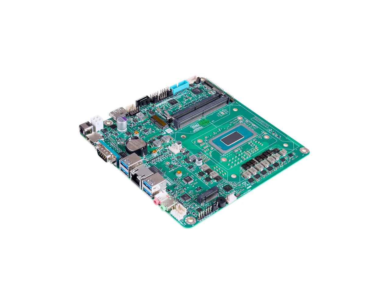 TIM800B Mini-ITX industrial motherboard, angled top view