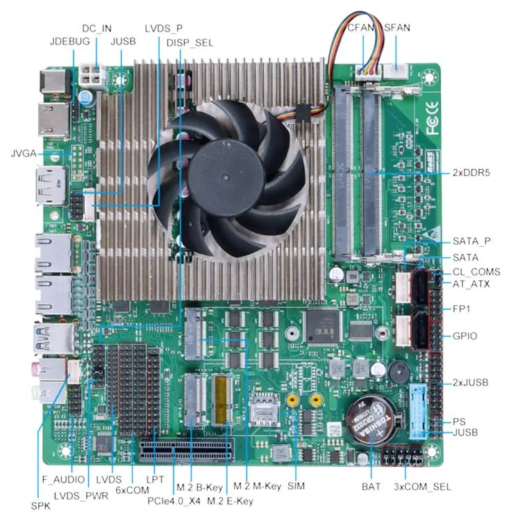 TOP800B board layout annotated with DC input, COM ports, M.2 slots, fan headers, GPIO and memory
